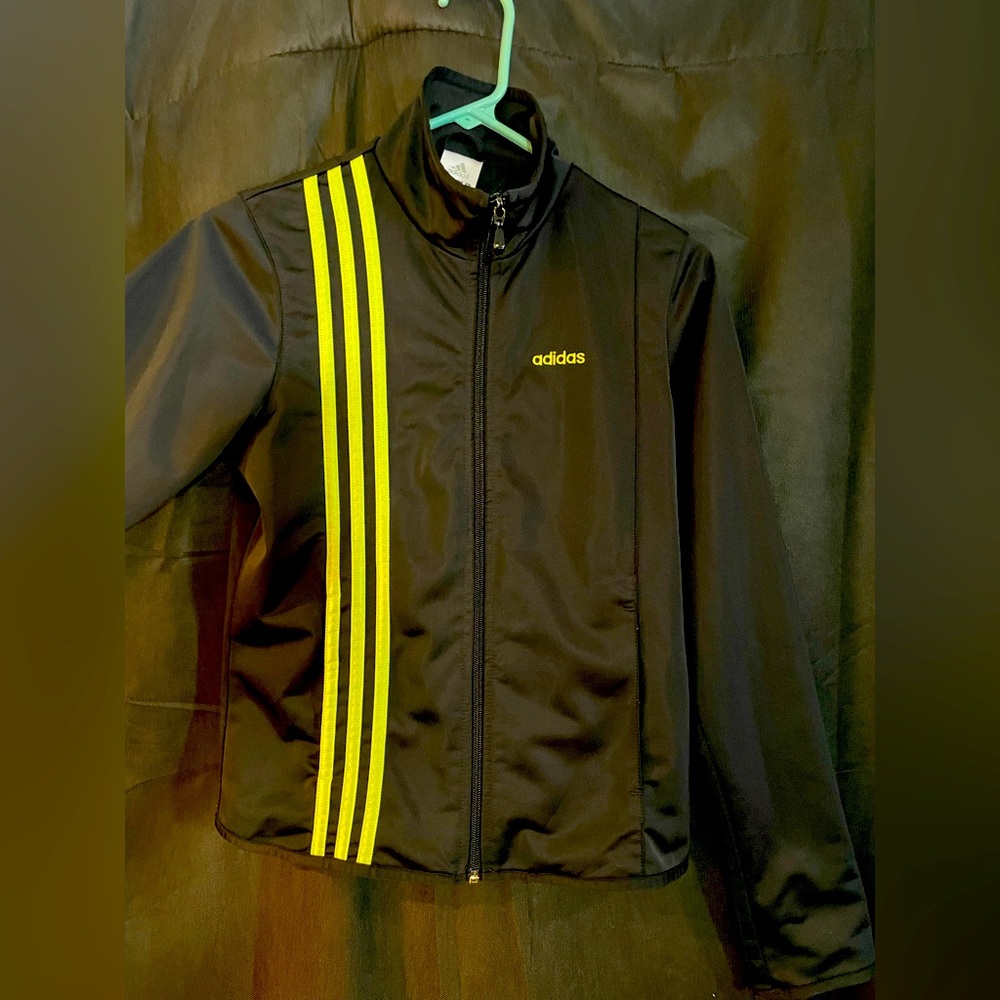 ADIDAS Women’s Small Black Jacket Green Stripes Pockets Zip Athletic Pinstripe